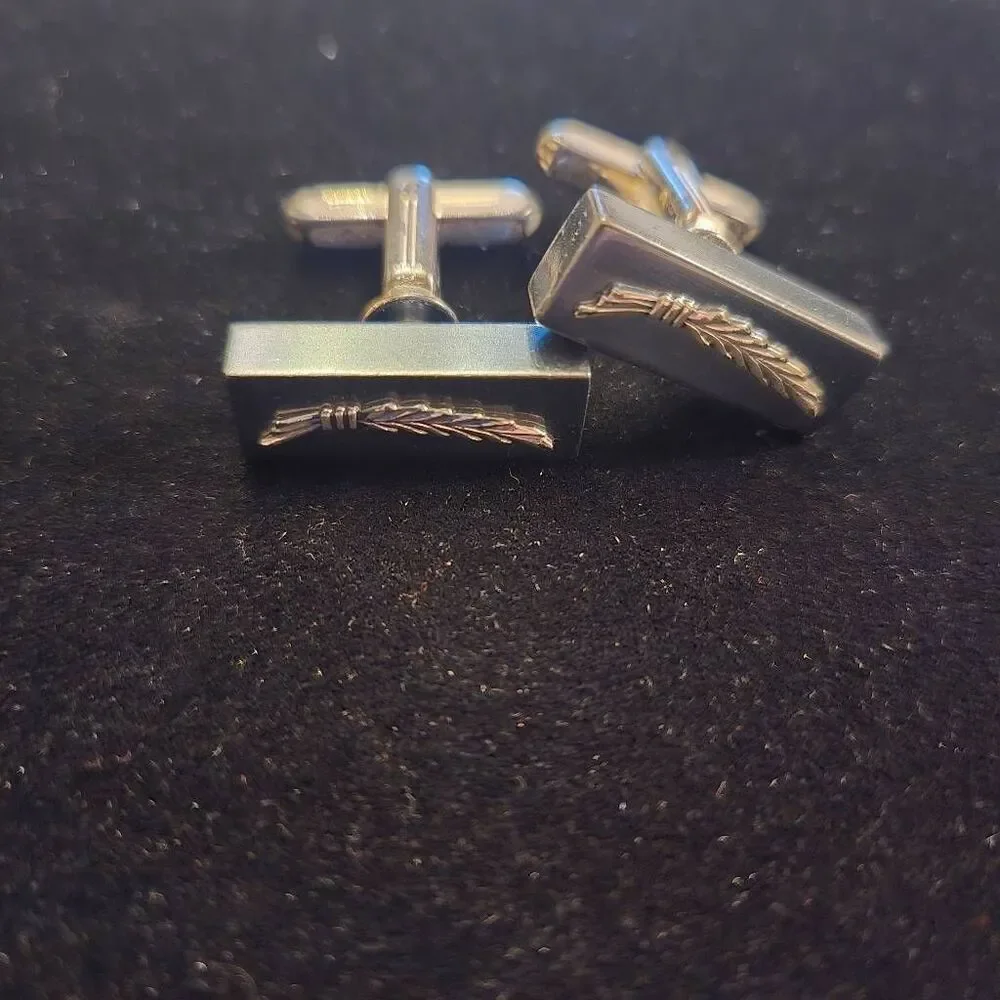 Vintage Wheat Motiff Cuff Links Gunmetal and Silver Tone